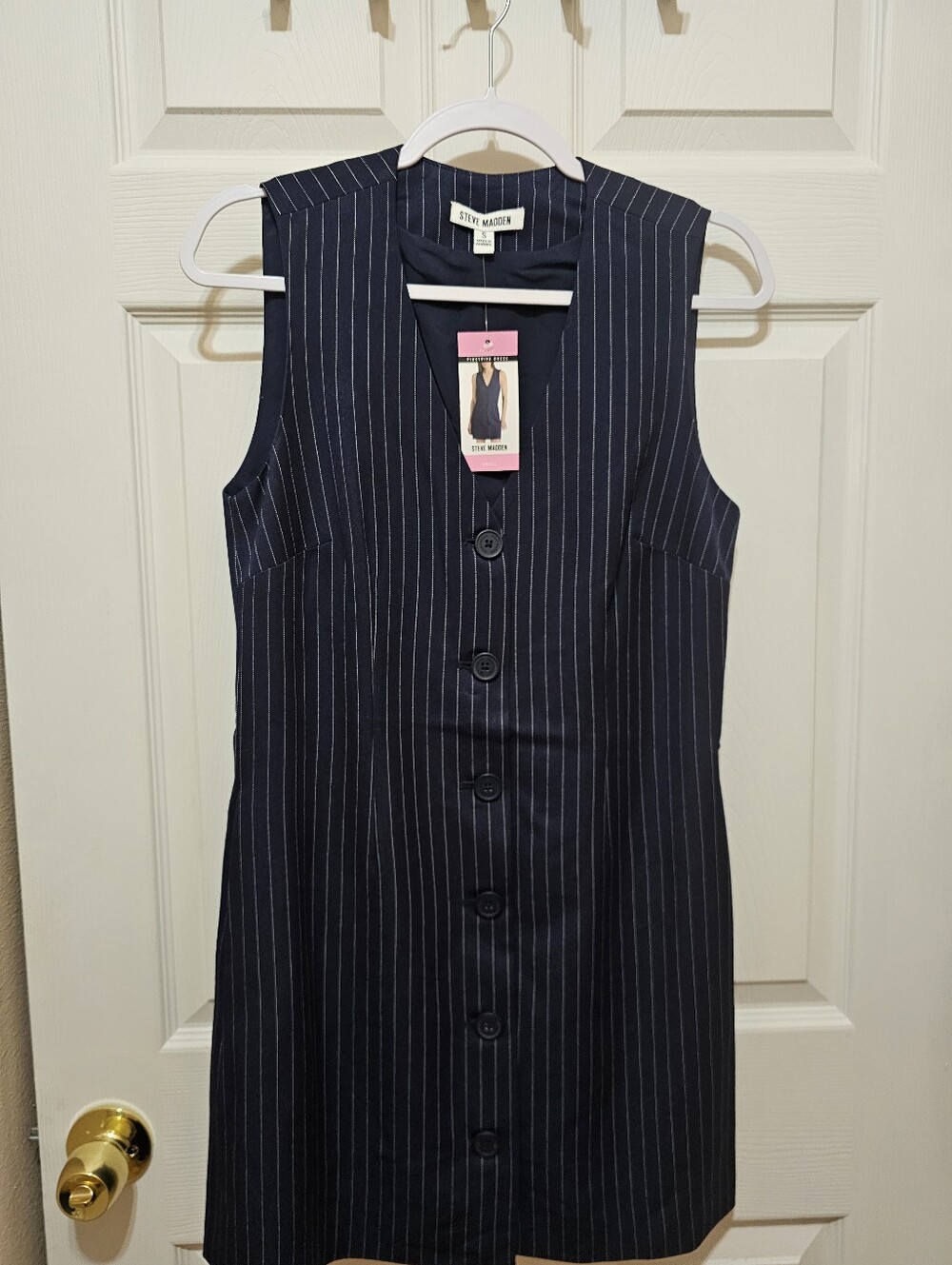New Steve Madden Navy Pinstripe Sleeveless Button Dress